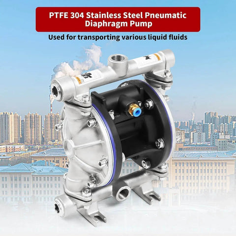 Stainless Steel Pneumatic Double Diaphragm Pump Built For Tough Jobs With 8.8 GPM Flow, 120 PSI Max, Half Inch Inlet And Outlet, PTFE Seals