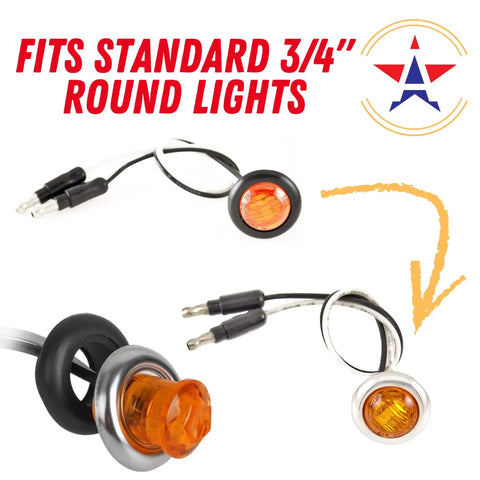 3/4 Inch Round Stainless Steel Trim Ring Bezel for marker lights, fits over rubber grommet, shown on front and rear LEDs