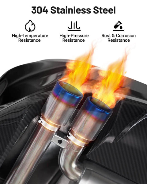 304 stainless steel exhaust pipes with flames showcasing high-temperature, high-pressure, rust resistance features.