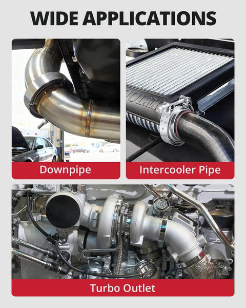 Wide applications of 2.0 Inch V Band Clamp With Flange Stainless Steel for downpipe, intercooler pipe, and turbo outlet installation.