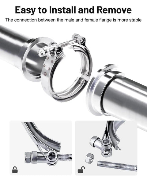 2.0 Inch V Band Clamp With Flange Stainless Steel For Easy Install And Removal shown with male to female flange connection.