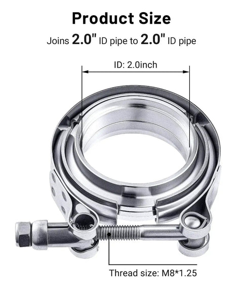 2.0 Inch V Band Clamp With Flange Stainless Steel For Easy Install And Removal, showing M8x1.25 T bolt and 2.0 inch ID to OD pipe