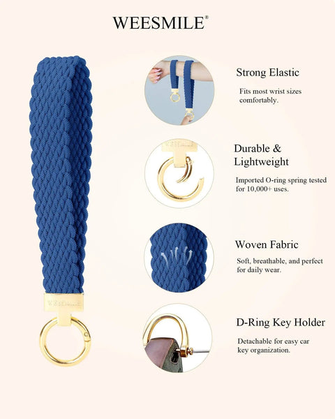 Royal blue stretchy keychain wristlet with 2 key rings and D-ring for car keys, showing strong elastic and woven fabric details.