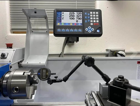Three Axis DRO RPM LCD Digital Readout With 7 Inch Screen installed on a lathe, showing position data for milling and drilling.