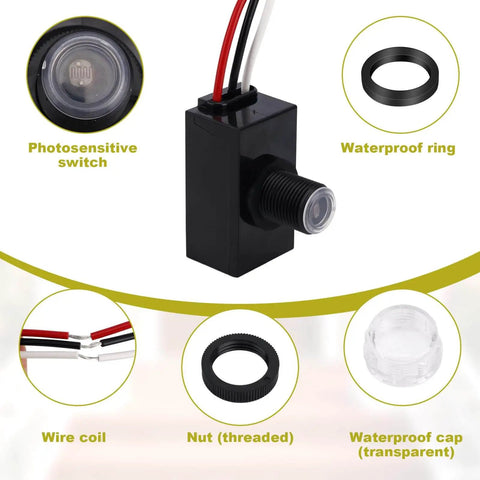 Components of Three Pack Outdoor Photocell Sensor Kit 100 To 277 Volt Waterproof Dusk To Dawn Light Control Switch with Wire Caps