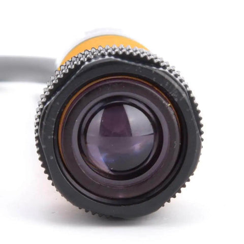 Close-up of Through Beam Photoelectric Sensor 5 Pair NPN Normally Open, 6-36V DC, 300mA, optical lens front view, ABS tough shell