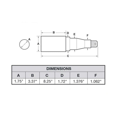 Technical diagram of trailer bearing repair kit for 1-3/8 inch to 1-1/16 inch tapered spindles with dimensions table.