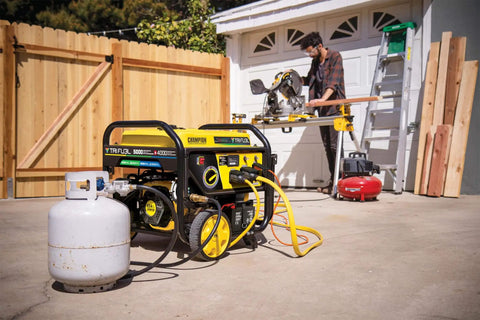 Tri Fuel 5000 Watt Electric Start Portable Generator RV Ready With CO Shield Runs On Gas Propane Or Natural Gas in a backyard setup