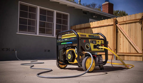 Tri Fuel 5000 Watt Electric Start Portable Generator RV Ready with CO Shield runs on gas propane or natural gas.
