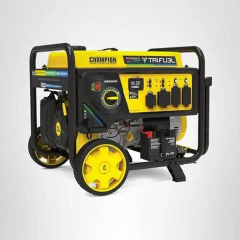 Front view of Tri Fuel 12,500-Watt Electric Start Portable Generator With CO Shield For Home Backup Power, on wheels
