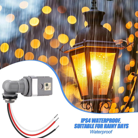Two Pack Swivel Mount Outdoor Photocell Sensor For Dusk To Dawn Lighting with image of sensor and outdoor lantern in rain.