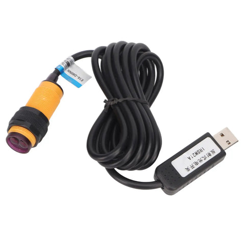 USB Infrared Photoelectric Switch Reflective Sensor for Gaming and Office Gear with plug-and-play setup, shown coiled with a yellow sensor.