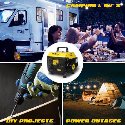 Gas Powered Portable Generator With 1200W Peak And 900W Running Ultralight Home Backup Power for 120V Outlet shown with camping, DIY projects, and power outages.
