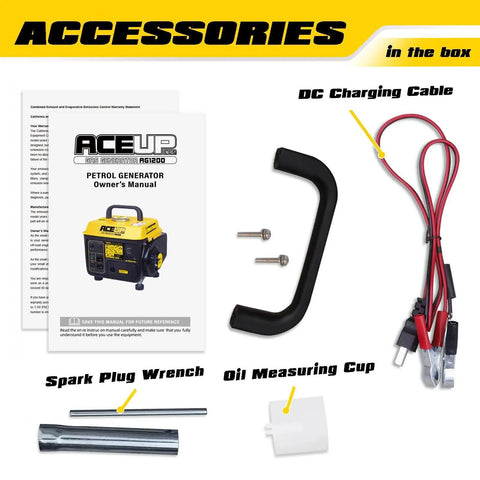 Accessories of Gas Powered Portable Generator With 1200W Peak And 900W Running Ultralight Home Backup Power including manual, cable, and wrench.