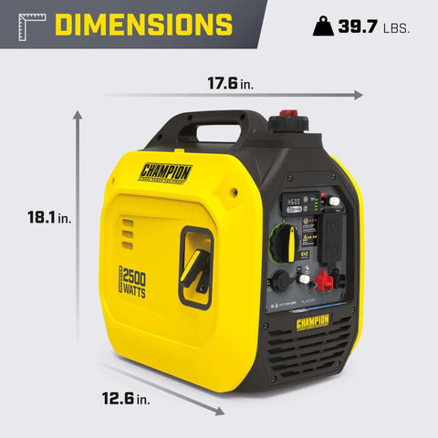 Ultralight 2500-Watt Portable Inverter Generator With Quiet Technology And CO Shield, yellow and black, 18.1 x 17.6 inches
