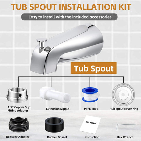 Universal Tub Spout With Diverter For 1/2 In Copper, 1/2 In IPS, And 3/4 In IPS Pipes, Chrome Bath Spout Replacement Kit