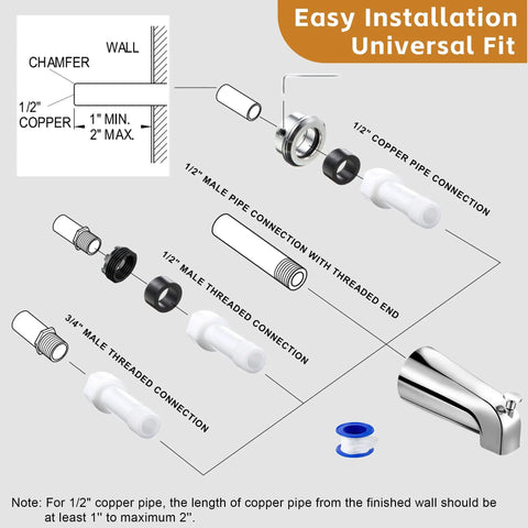 Diagram showing Universal Tub Spout With Diverter For 1/2 In Copper, 1/2 In IPS, And 3/4 In IPS Pipes, installation parts labeled.