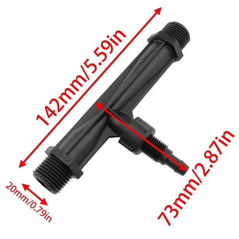 Venturi Fertilizer Injector For Drip Irrigation System Premium PP Plastic with dimensions, black, 1 piece, easy install for precise fertilizer mixing