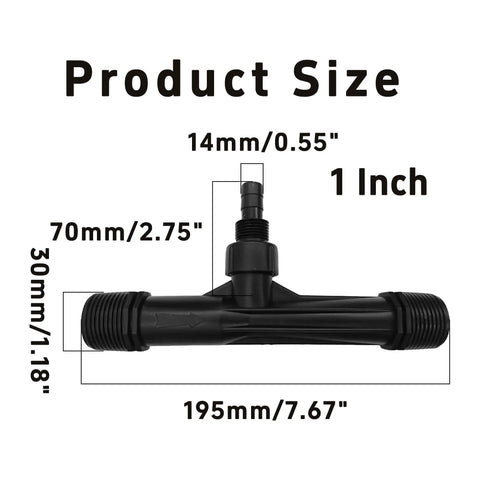 Dimensions of 2 Pack 1 Inch Venturi Fertilizer Injectors For Irrigation Systems, Black Plastic Water Mixer Tube