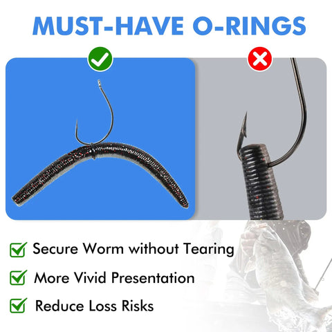 Comparison of fishing hook setups with silicone O-ring from Wacky Worm O Ring Set For Bass Fishing Silicone O Rings 300 Pack Fits Soft Plastic Worms.