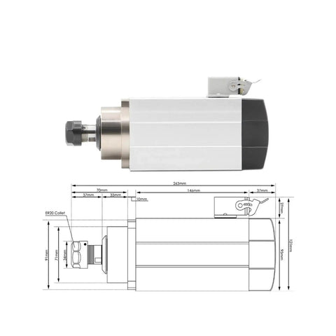 Water Cooled 1.5kW ER20 Square Type Spindle Motor With Four P4 Bearings 0.01mm Runout And 380V Frequency Drive shown in diagram