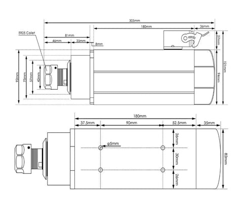 Technical drawing of Water Cooled 220V 2.2kW ER25 Wood Spindle With Ceramic Ball Bearings, Ultra Low Runout 0.01mm, 4 Bearing Setup.