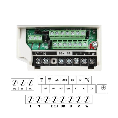 Close-up of VFD inverter connection board for Water Cooled 220V 2.2kW ER25 Wood Spindle With Ceramic Ball Bearings setup.