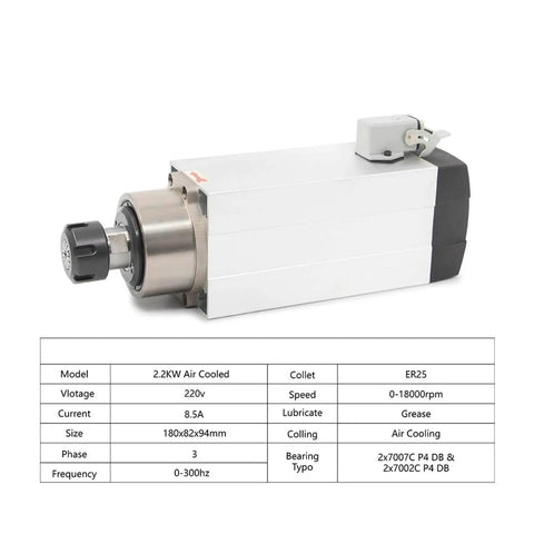 Water Cooled 220V 2.2kW ER25 Wood Spindle With Ceramic Ball Bearings, Ultra Low Runout 0.01mm, showing specifications below