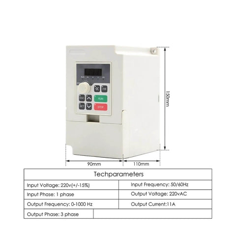 VFD Inverter for Water Cooled 220V 2.2kW ER25 Wood Spindle with dimensions and tech parameters