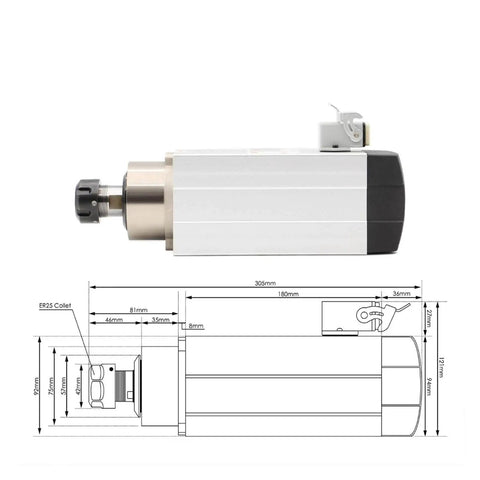 Side view of Water Cooled 220V 2.2kW ER25 Wood Spindle With Ceramic Ball Bearings, showing dimensions and coupling detail.