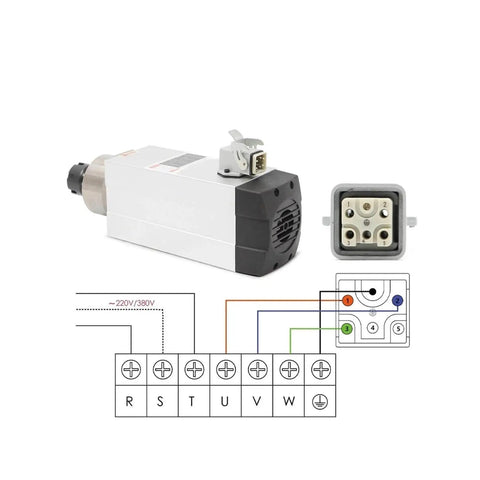 Beefy ER25 Square Spindle With 2.2kW Inverter Drive Water Cooled For Quiet CNC Milling, shown with connector and wiring diagram