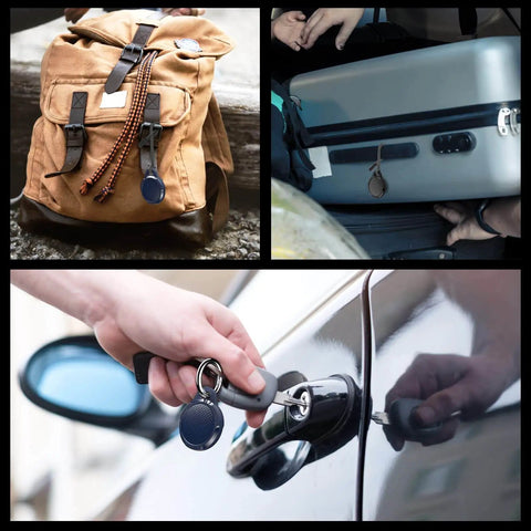 4 Pack Waterproof AirTag Case And Keychain Holders With Rugged IP68 Protection, used on backpack, luggage, and car keys.