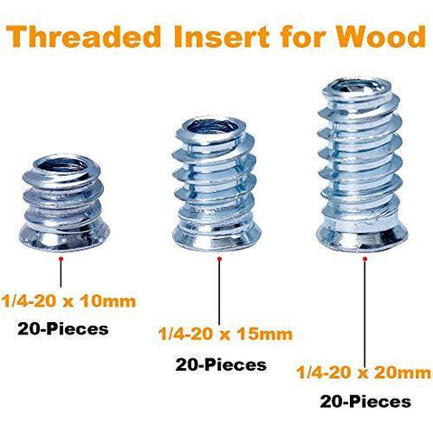 Wood Threaded Insert 1/4-20 x 10mm 15mm 20mm Length Screw Nut for Wood Furniture 60 Pieces