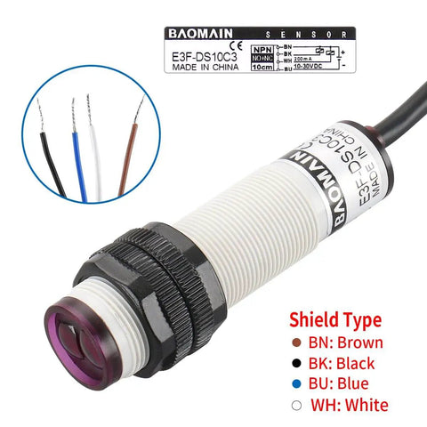 Workhorse M18 Diffuse Reflection Photoelectric Sensor Switch with wires and label, 10cm sensing distance, NPN NO NC type for conveyors.