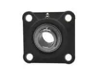 Front view of 25mm 4-Bolt Flange Mount Block, Single Stainless Steel Set-Screw Housing with Black Plastic Insert for Linear Slide Units.