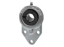 Front view of UEFK210NP Accu-Loc 50mm ID nickel-plated 3-bolt flange bearing unit with concentric collar lock and contact seal.