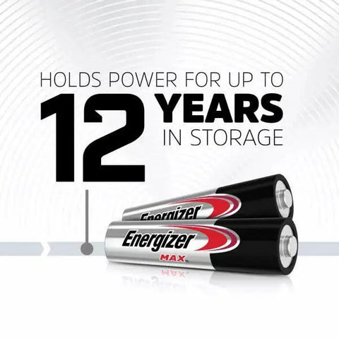 Energizer AA batteries showcasing 12-year shelf life for Alkaline AA And AAA Battery Combo Pack 48 Count For Everyday Devices.