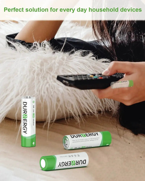 Person using remote with AA and AAA Battery Combo Pack 102 Count Alkaline 1.5V for remotes nearby