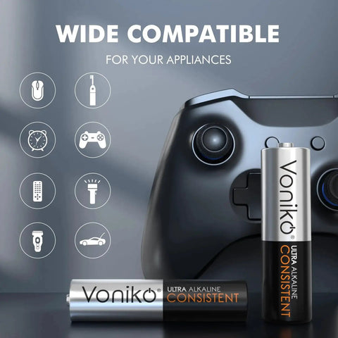 AA And AAA Battery Combo Pack 48 Count 24 AA 24 AAA Alkaline 1.5V Shelf Life with game controller and compatibility icons