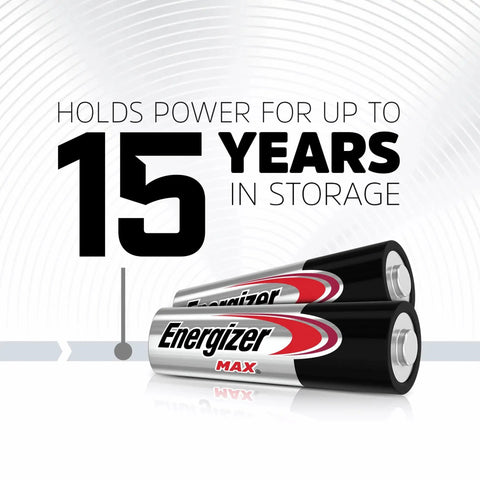 Two AA alkaline batteries with text '15 years in storage', highlighting long-lasting MAX performance in the 16 pack.