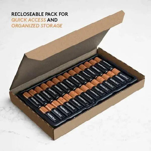 Opened box displaying 28 Coppertop AA Alkaline Batteries With Power Boost Long Lasting Reclosable Pack.