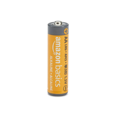Single AA battery from a 48-Pack delivering long-lasting power with a 10-year shelf life, labeled 'amazon basics' for reliable use.