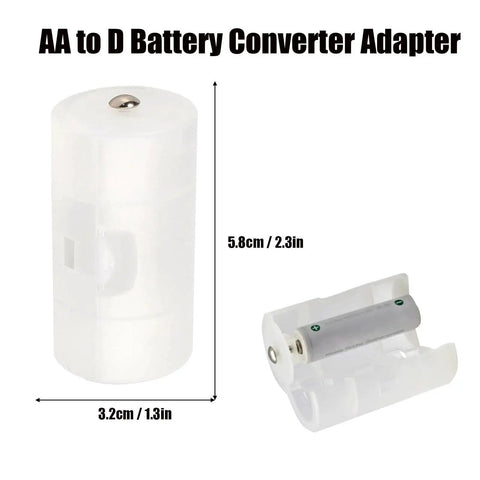 AA to D Battery Converter Adapter showing dimensions, part of the AAA to AA Battery Converter 12 Pack and AA to C and D Adapters 16 Pieces.