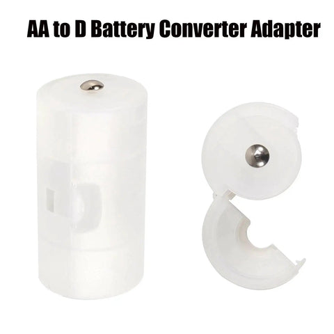 AA to D battery converter adapter in white plastic, open and closed, part of AAA to AA Battery Converter 12 Pack and AA to C and D Adapters 16 Pieces