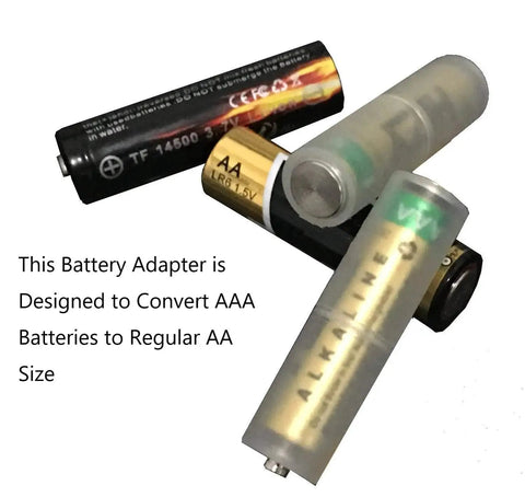 AAA to AA Battery Adapter Case With Metal Contacts, Clear, Pack of 4, showing conversion of AAA to AA size