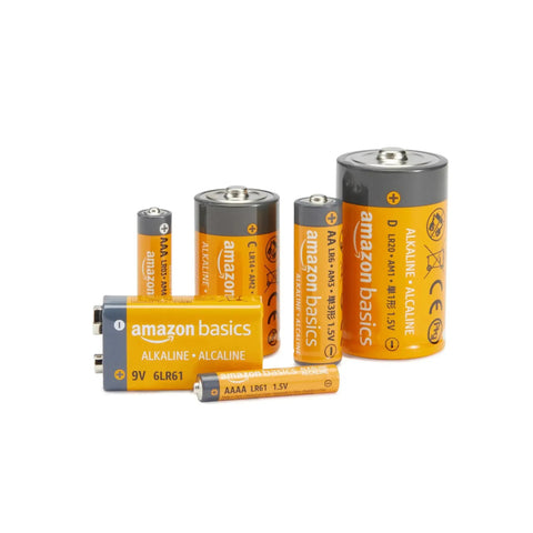 Assorted Amazon Basics alkaline batteries including AAA and 9V sizes, suitable for home use, showcasing various battery types.