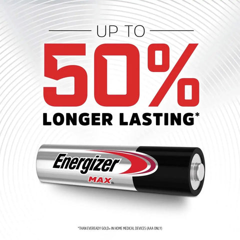 AAA Alkaline Batteries 12 Pack For Toys Remotes And More Long Lasting Power, with "Up to 50% Longer Lasting" text and isolated battery image