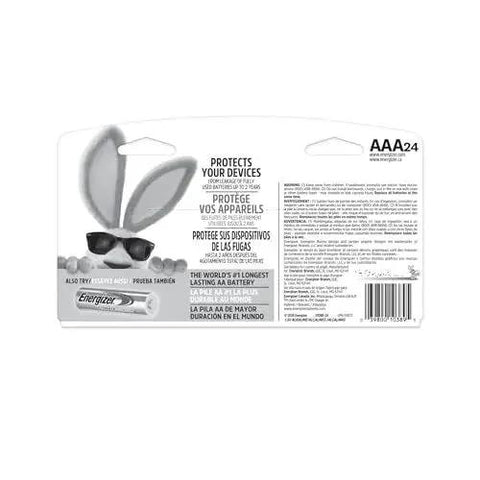 Packaging back of MAX AAA Alkaline Batteries 24 Pack For Toys Remotes And Other Devices with product details and illustrations