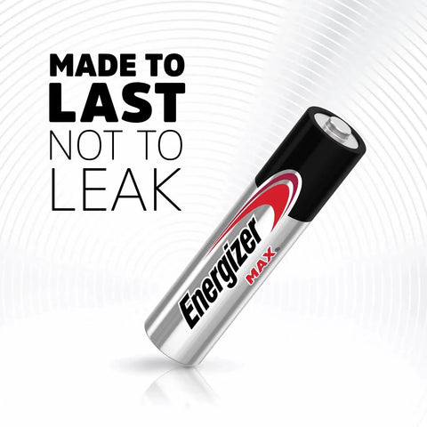 Close-up of a single AAA alkaline battery with text 'Made to Last Not to Leak,' part of a 12 pack for toys, remotes, and more.