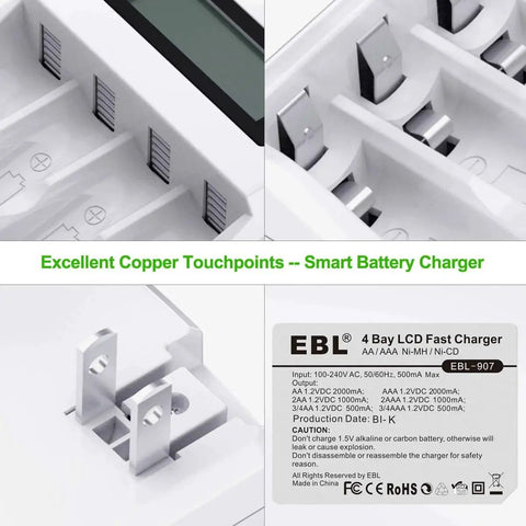 Close-up of individual LCD charger for Eight Pack AAA Rechargeable 1100mAh NiMH Batteries with copper touchpoints.